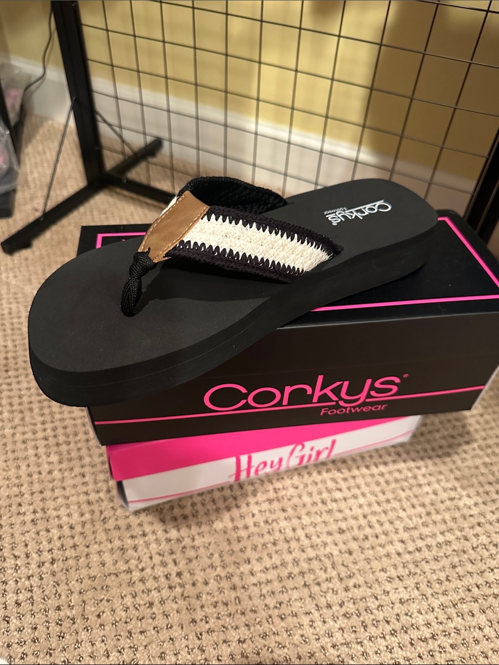 Corkys Black Platform Flip Flop with Black and Cream Woven Strap and Tan Accent